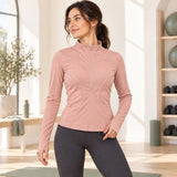 MOVA Body Fit Zip Jacket — Peach — thumbholes on model