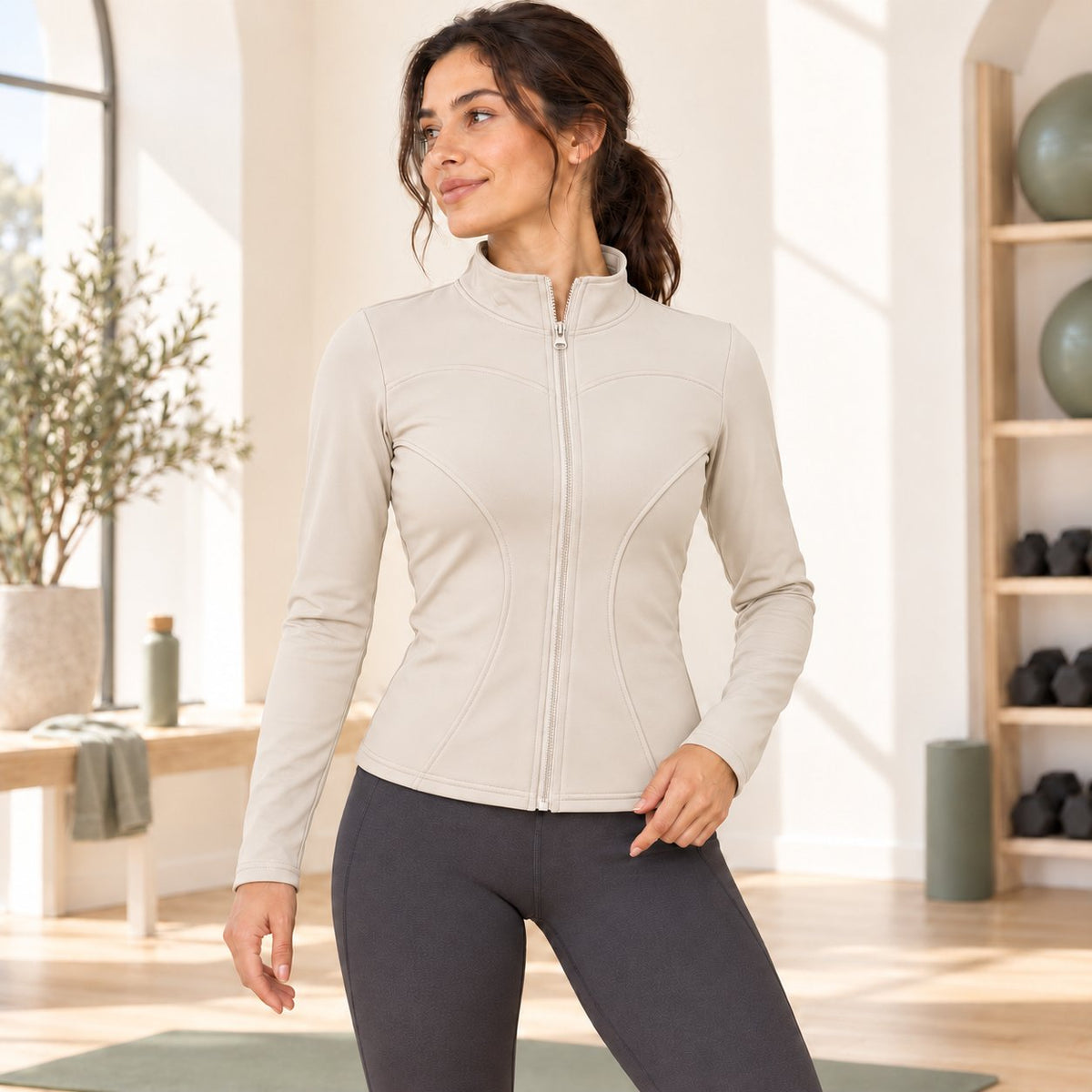 MOVA Body Fit Zip Jacket — Ivory on model